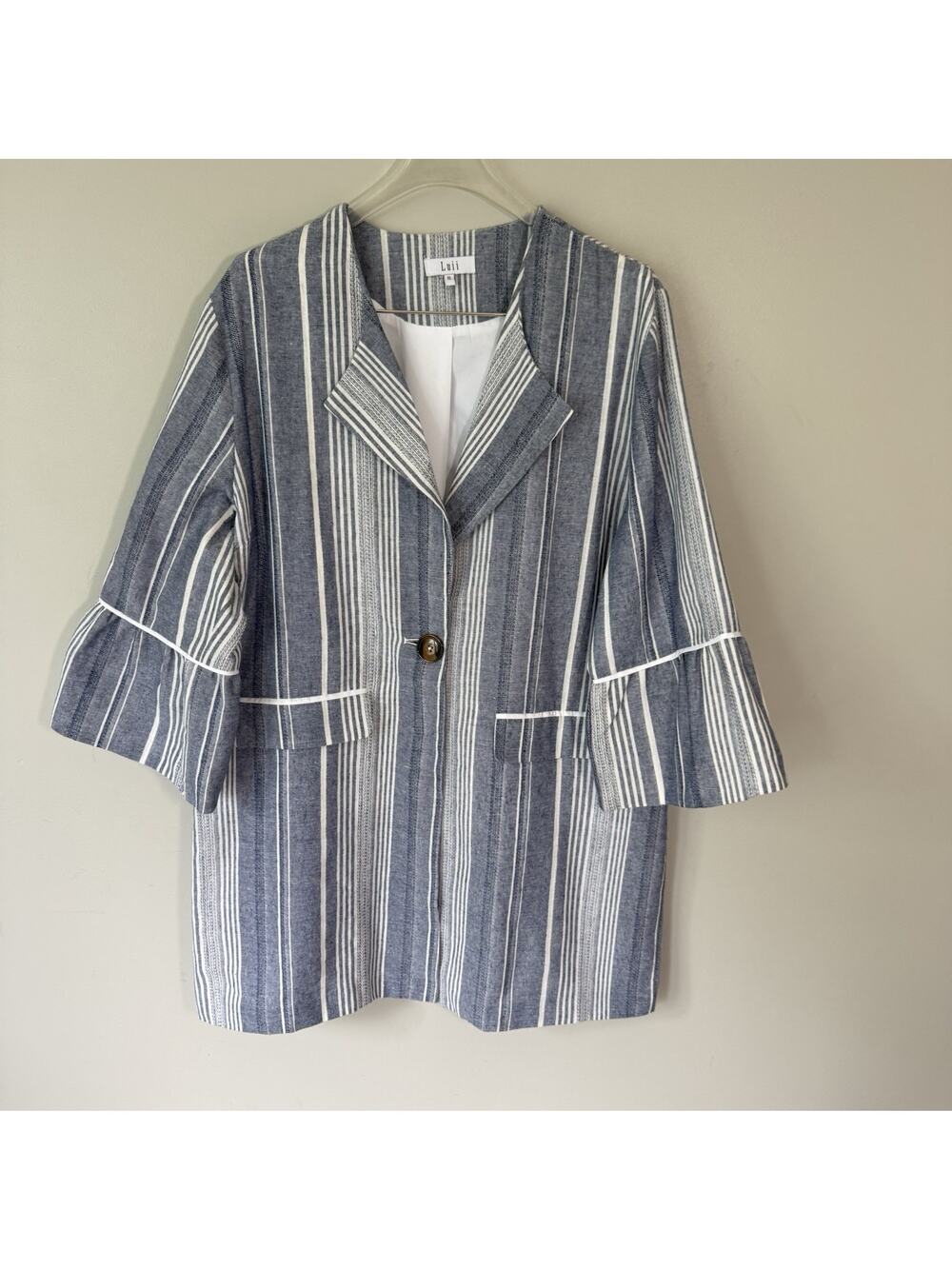 Luii XL Linen Cotton 3/4 Sleeves Jacket Blazer Button Blue White Striped Preppy